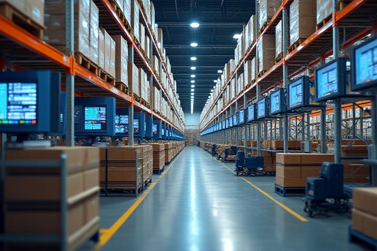 Modern fulfillment warehouse with automated picking systems and real-time tracking screens