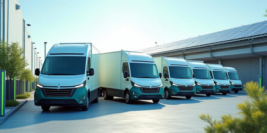 Electric delivery trucks charging at a solar-powered logistics depot